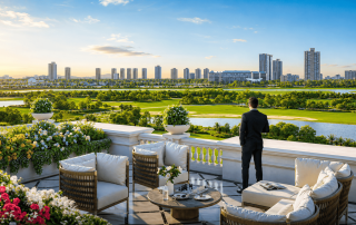 Không gian thưởng thức trà chiều hay ly rượu thượng hạng và thả hồn vào tầm nhìn sân golf tuyệt mỹ ngay tại ban công villa xa hoa.