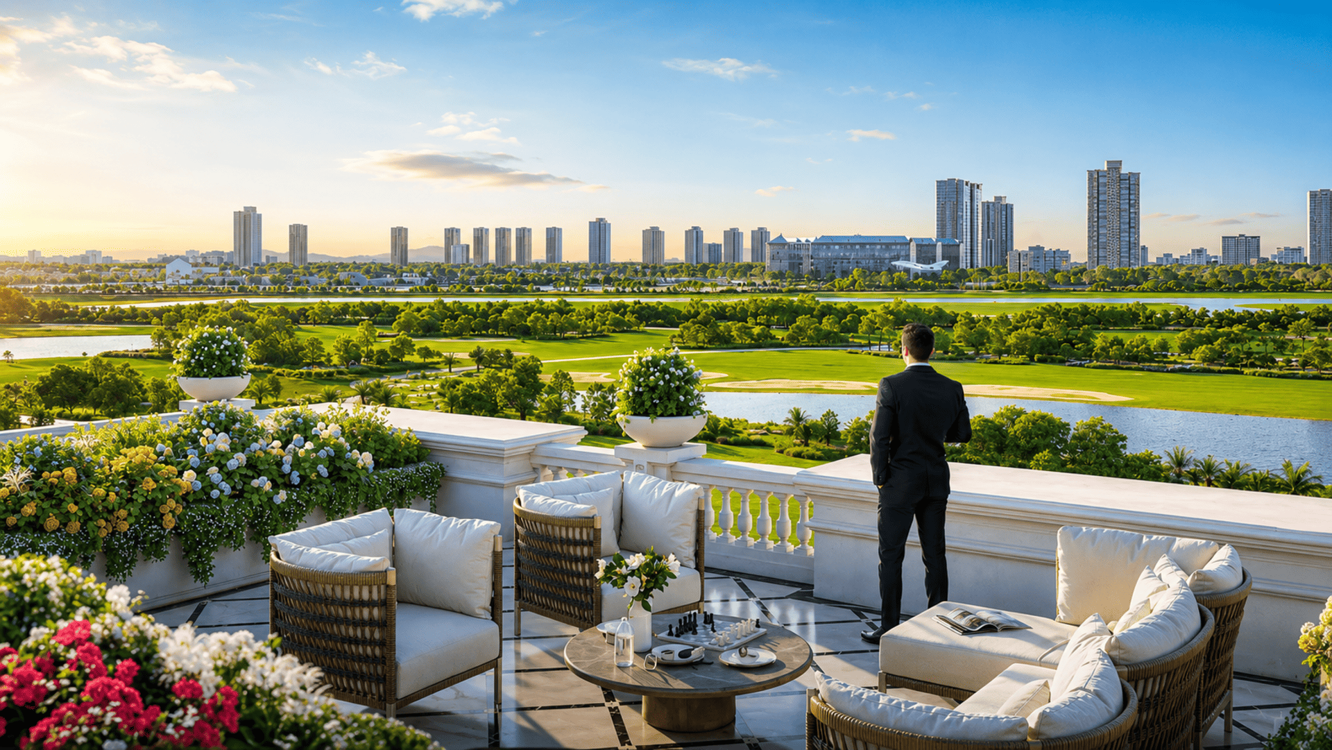Không gian thưởng thức trà chiều hay ly rượu thượng hạng và thả hồn vào tầm nhìn sân golf tuyệt mỹ ngay tại ban công villa xa hoa.