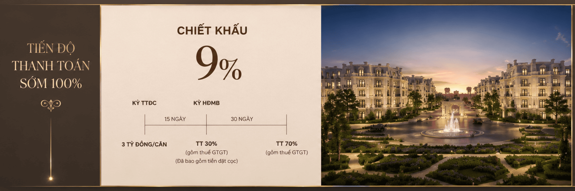 Nhận ngay mức chiết khấu hấp dẫn lên tới 9% khi lựa chọn phương thức thanh toán sớm bằng vốn tự có.
