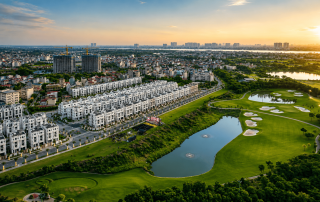 Toàn cảnh không gian sống thượng lưu tại Long Bien Golf Villas, nơi thiên nhiên xanh hòa quyện cùng kiến trúc hiện đại.