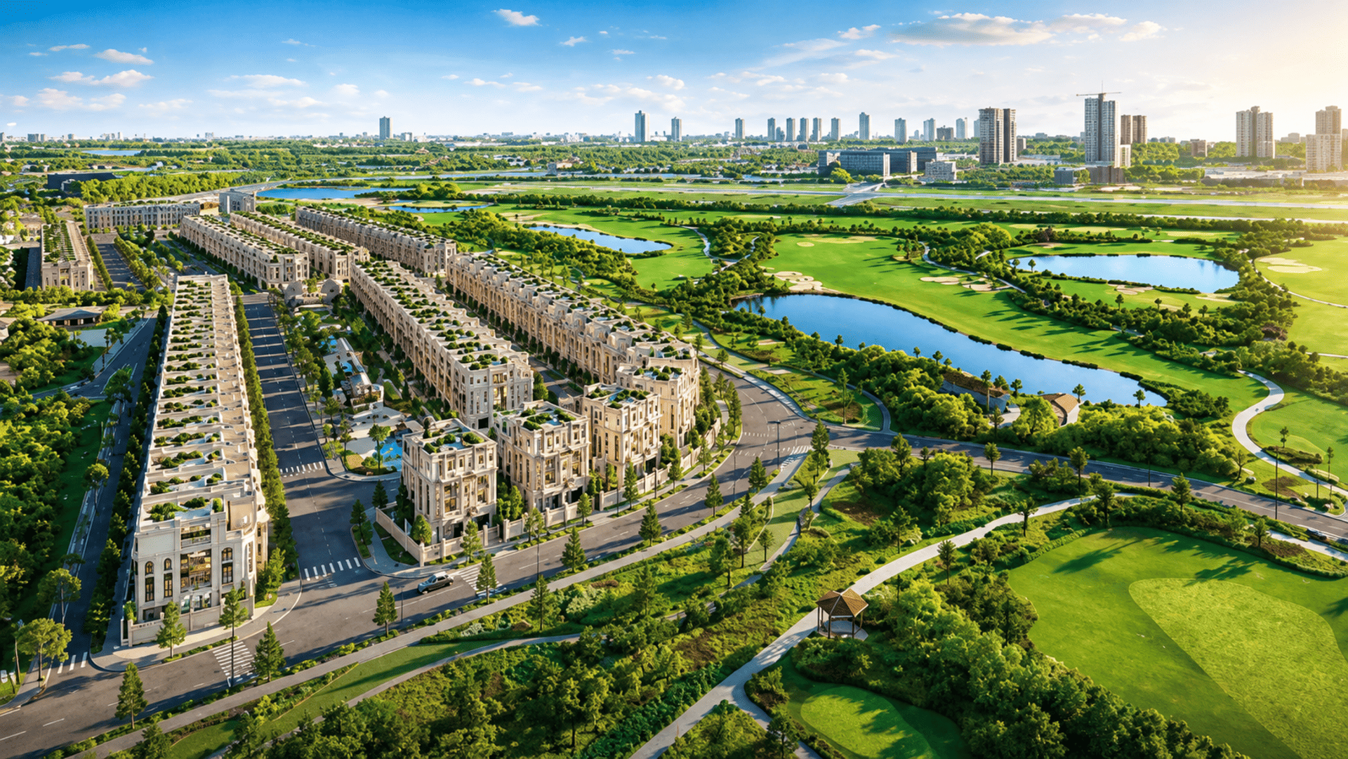Tổng quan dự án với tầm nhìn panorama triệu đô, ôm trọn thảm cỏ xanh mướt của sân golf 27 hố đẳng cấp.